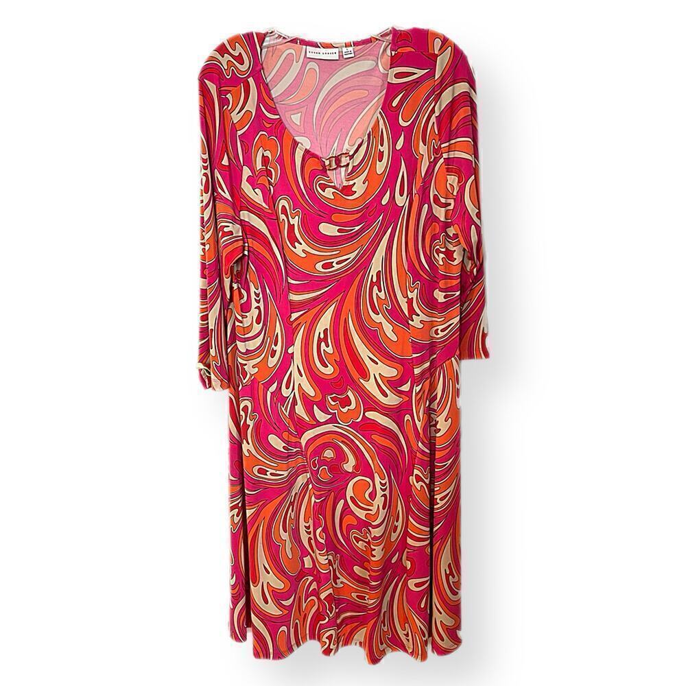 Susan Graver dress long sleeve L orange pink taupe swirl